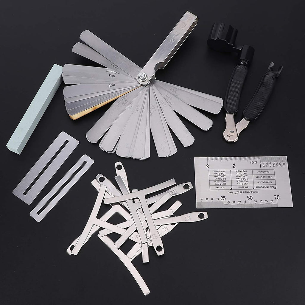 Guitar Tool Set with Sander, Radius Gauge, String Action Ruler, Professional Guitar Repair Kit for Electric Guitar, Bass, Banjo, Mandolin, Includes Fingerboard Guards and Polishing