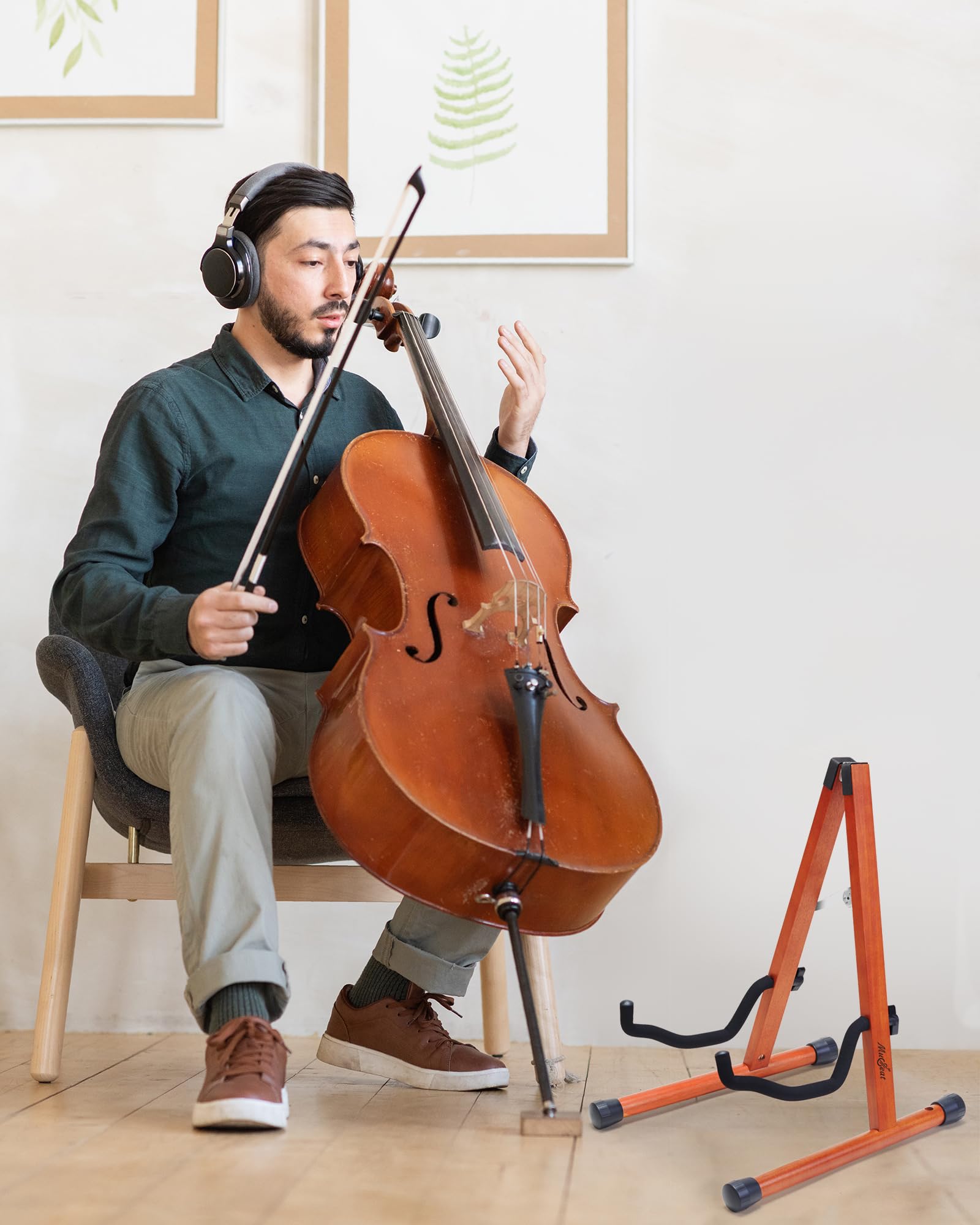 Cello Stand with Bow Holder, Mahogany Wooden A-Shape Floor Stand with Padded Foam, Handcrafted Cello Rack Fits 1/2, 3/4, 7/8, 4/4 Full-Size and Guitar, Instrument Holder for Home and Studio Display