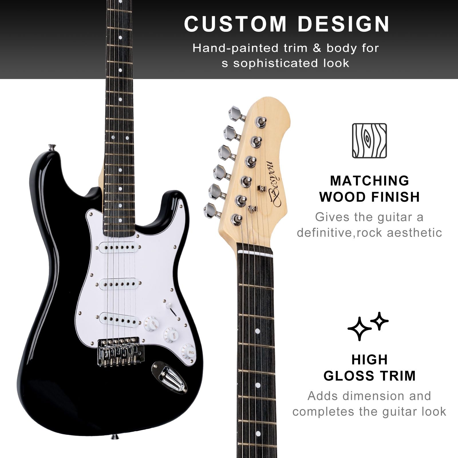 39 Inches Full Size Electric Guitar Beginner Electric Guitar Kits with 10W Amp Classic SSS Pickup Complete with Gig Bag Tuner Capo Strap Picks Guitar String Winders Black