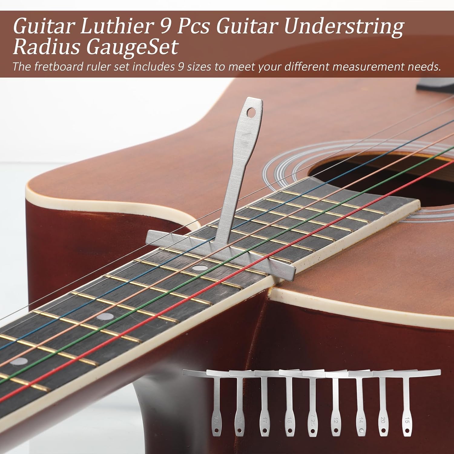 10Pcs Guitar Luthier Tools, 9Pcs Guitar Understring Radius Gauge 1Pcs String Action Height Gauge Ruler Measuring Tool Kit for Bass Setup