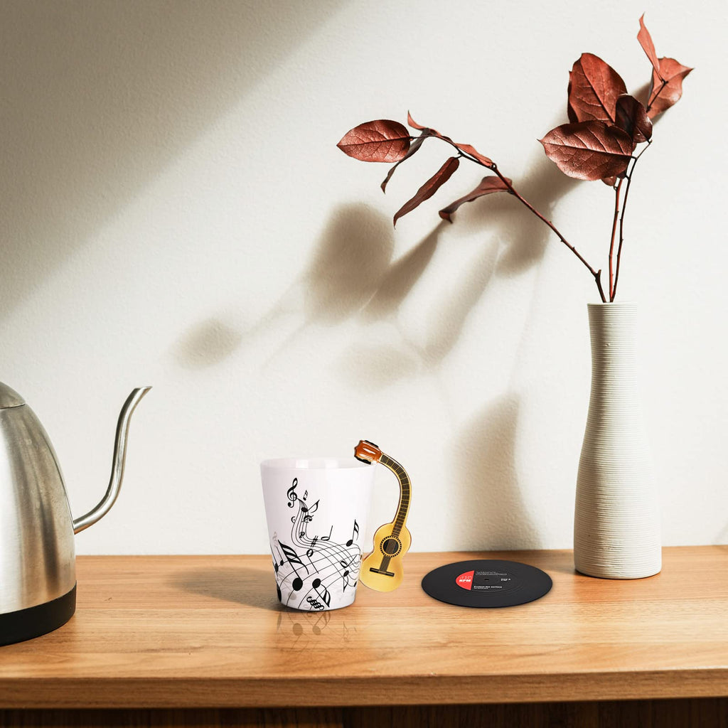 Maustic Novelty Violin Mug - 13 Oz Ceramic with Vinyl Record Coaster, Perfect for Music Lovers, Musicians, and Violinists - Ideal for Christmas or Birthday Gifts
