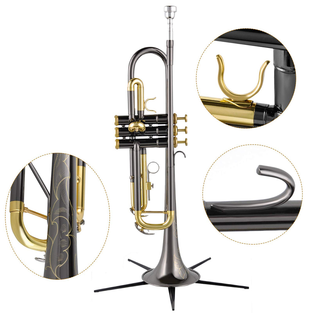 EASTROCK Bb Trumpet Standard Trumpet Set with Carrying Case,Gloves, 7C Mouthpiece, Tuning Rod, Black Nickel,Hand Carved Craft