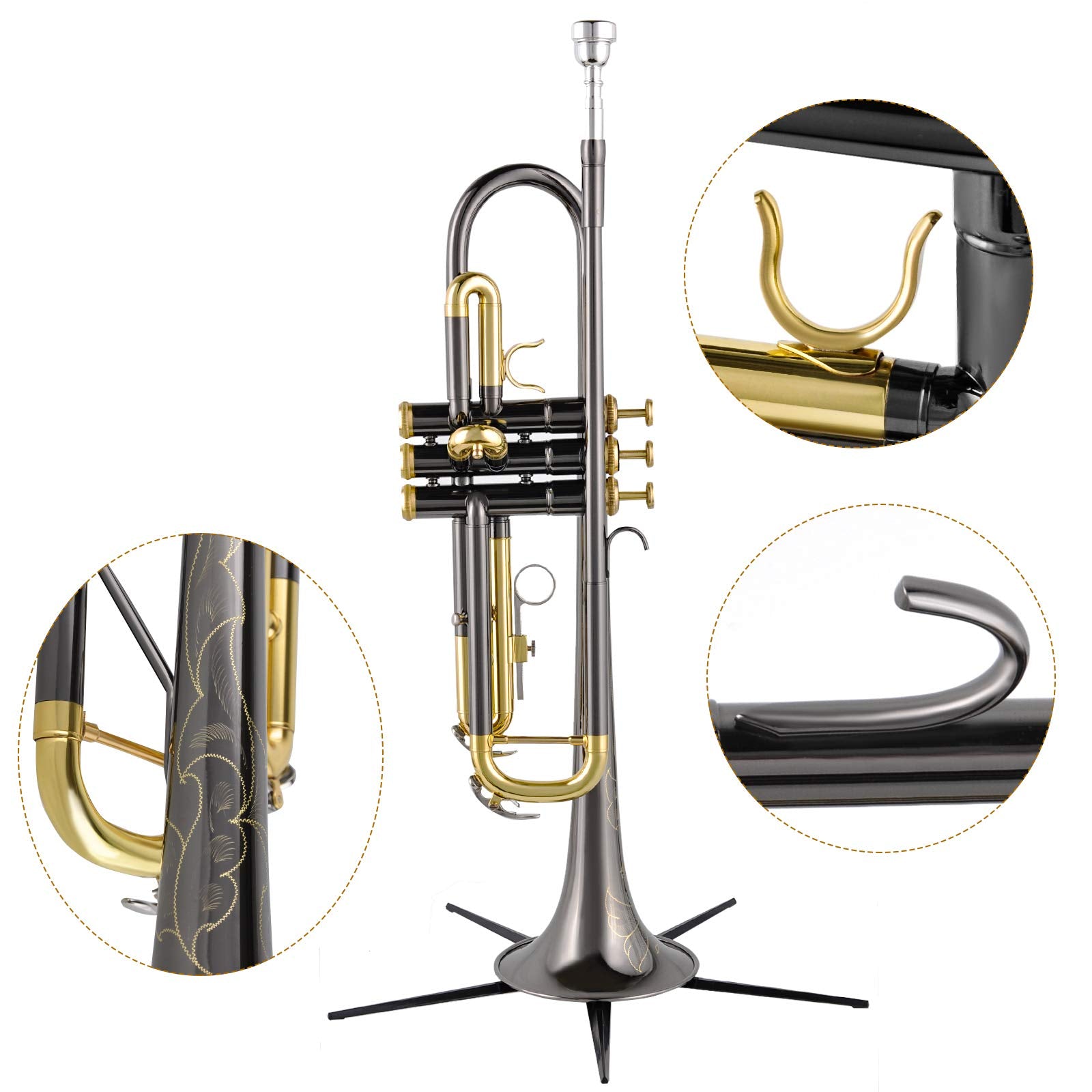 EASTROCK Bb Trumpet Standard Trumpet Set with Carrying Case,Gloves, 7C Mouthpiece, Tuning Rod, Black Nickel,Hand Carved Craft