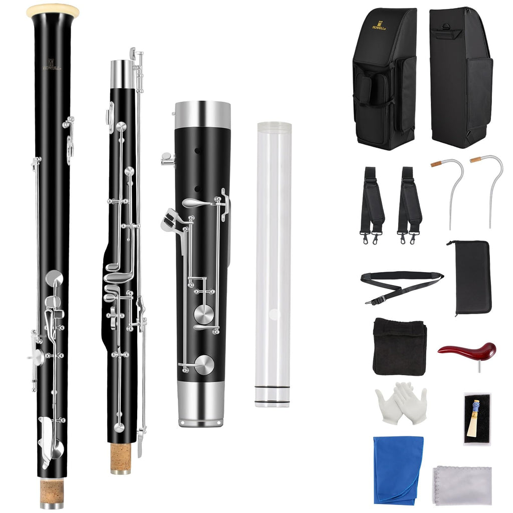 ROWELL Maple Bassoon C Key Bassoon with Self-Locking Mechanism 19 Keys Silver Plated Bassoons Instrument with Case and Care Kit, Ideal for School Band, Orchestra, and Home Practice Black