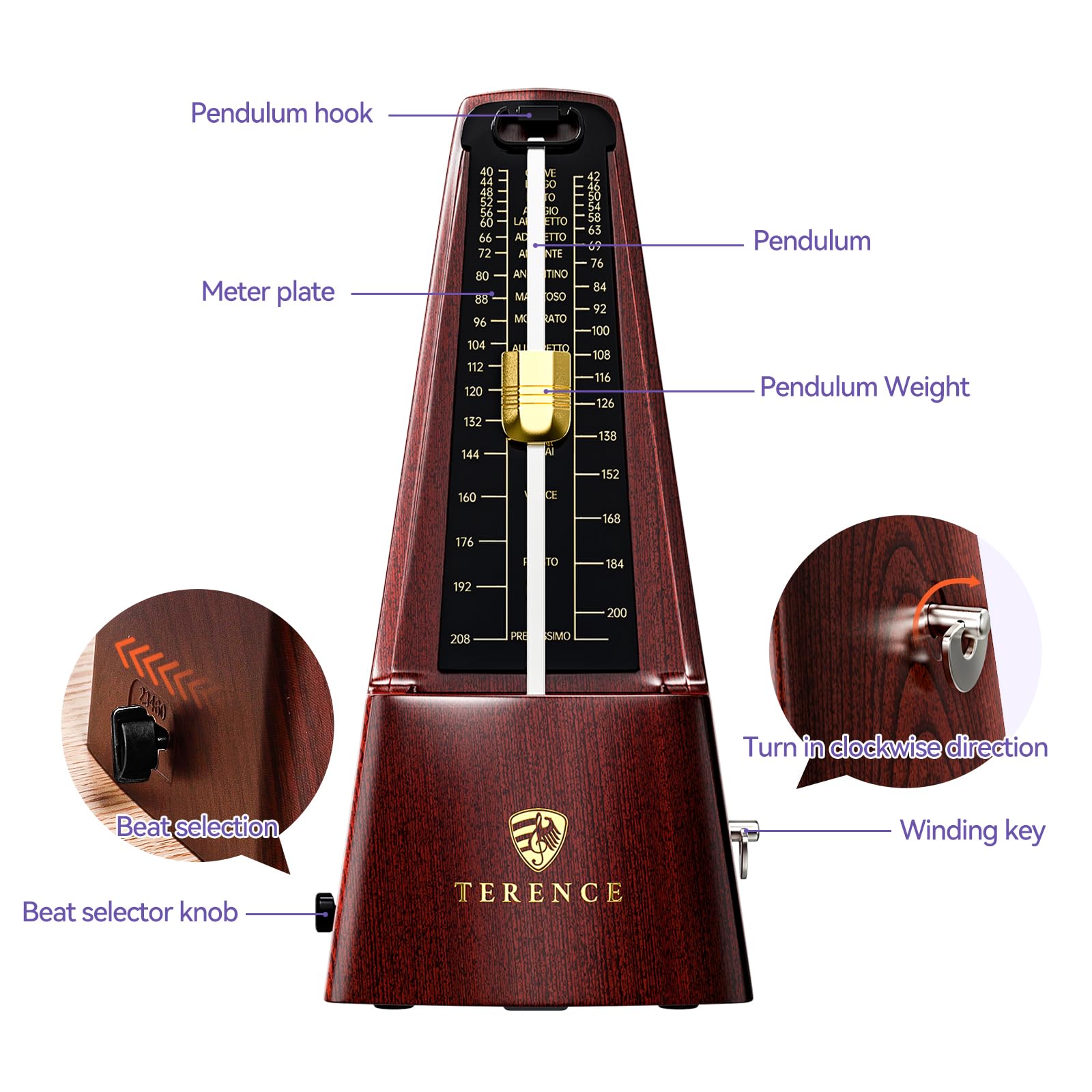 Mechanical Metronomes for Piano Guitar Drum Violin and Other Musical Instruments with Loud Sound and Accurate Beat Multiple Beat Modes for Beginners(Walnut Color)