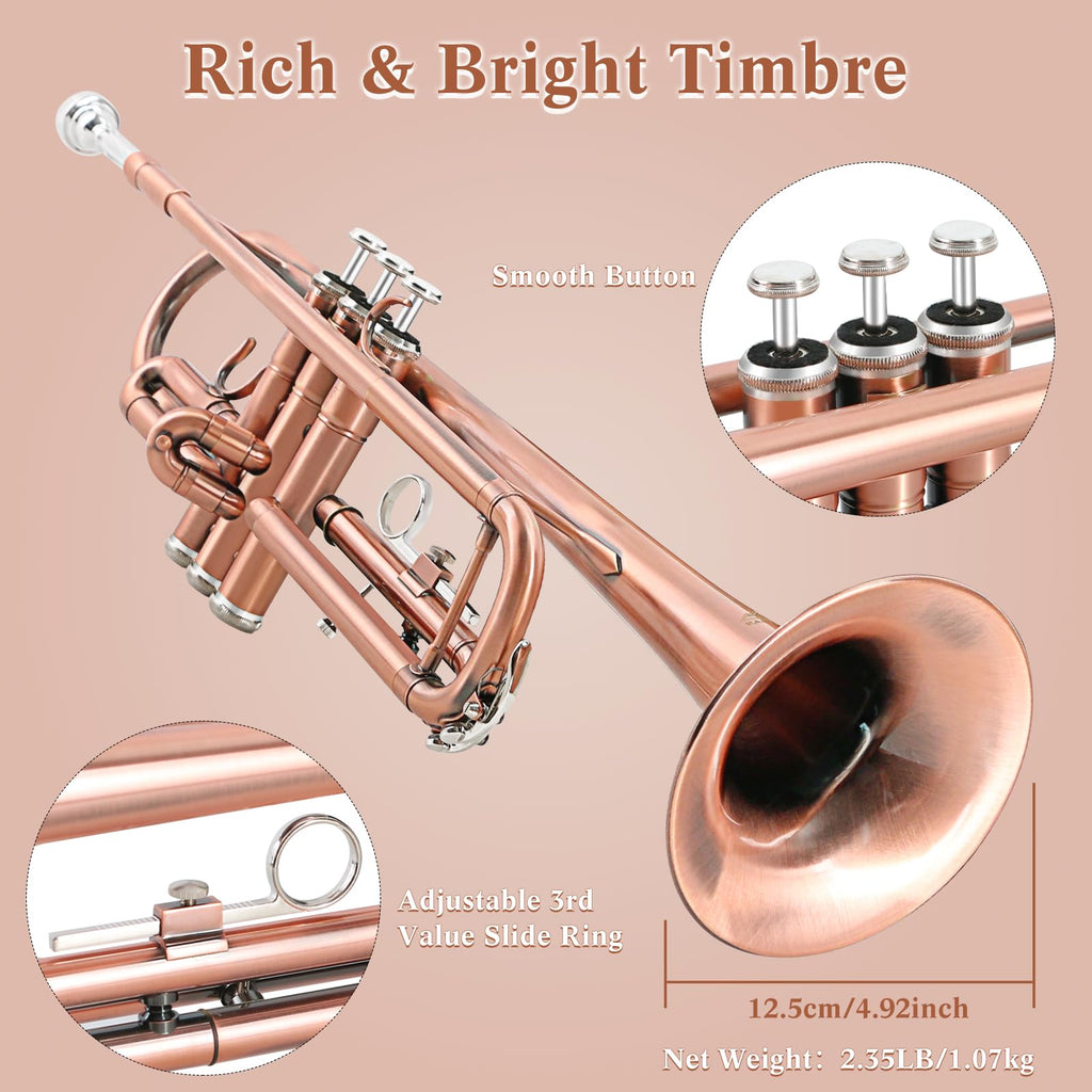 EASTROCK Bb Trumpet Standard Trumpet Set with Carrying Case,Gloves, 7C Mouthpiece, Cleaning Kit, Tuning Rod (Red Antique)