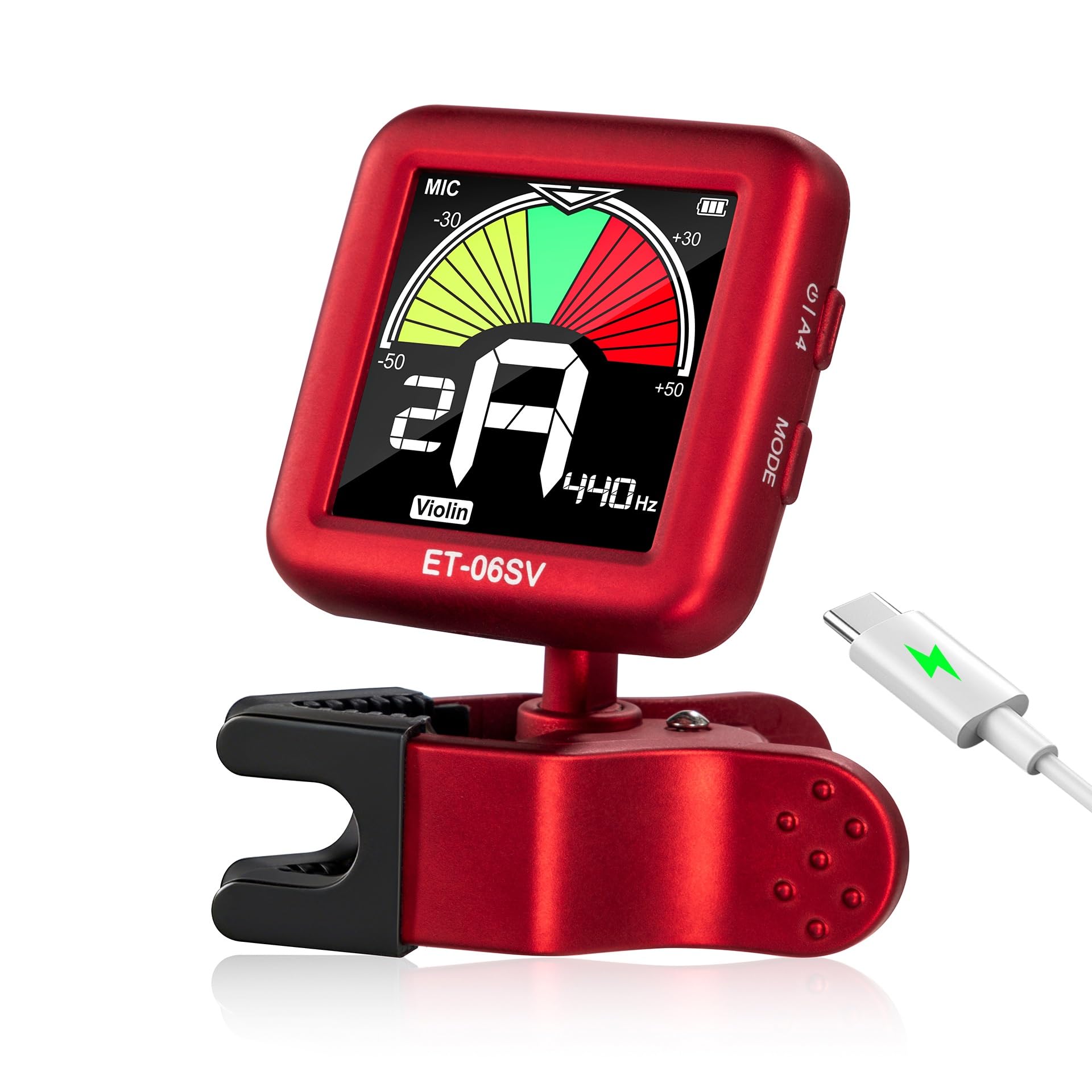 ENO MUSIC Rechargeable Type-C Quick Charge Easy Control Big LCD Display Easy Reading Clip-on Tuner for 4/4 Violin Viola Bass, Red