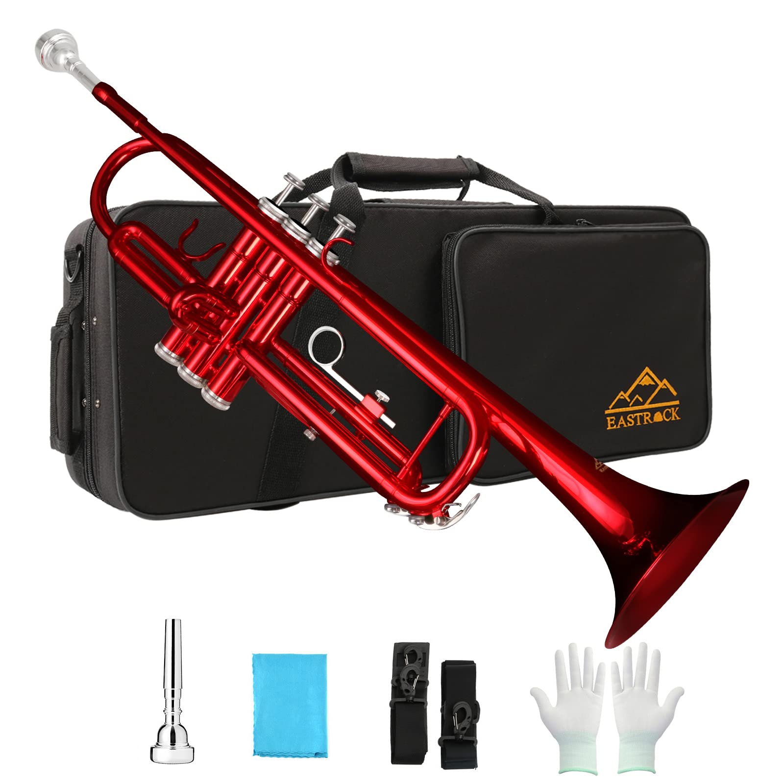EASTROCK Bb Trumpet Standard Trumpet Set with Carrying Case,Gloves, 7C Mouthpiece, Cleaning Kit, Tuning Rod (Red Antique)