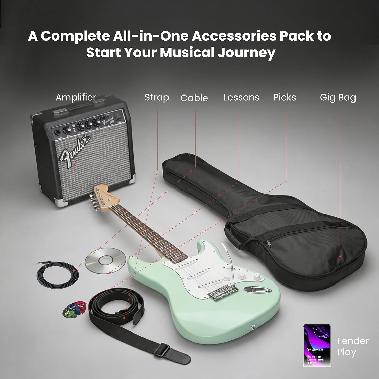 Fender Squier Stratocaster Electric Guitar - Surf Green Bundle with Fender Frontman 10G Amplifier, Gig Bag, Cable, Strap, Picks, and Austin Bazaar Instructional Video
