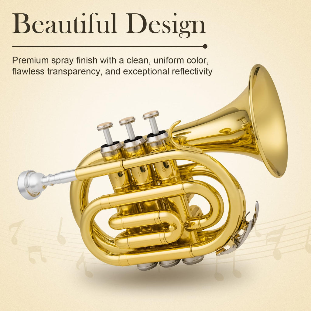 SONICAKE Pocket Trumpet Bb Flat - Gold Lacquer Brass Mini Trumpet Full Kit for Beginners Students with 7C Mouthpiece, Hard Case, Gloves & Cleaning Kit QPT-01 (Golden)