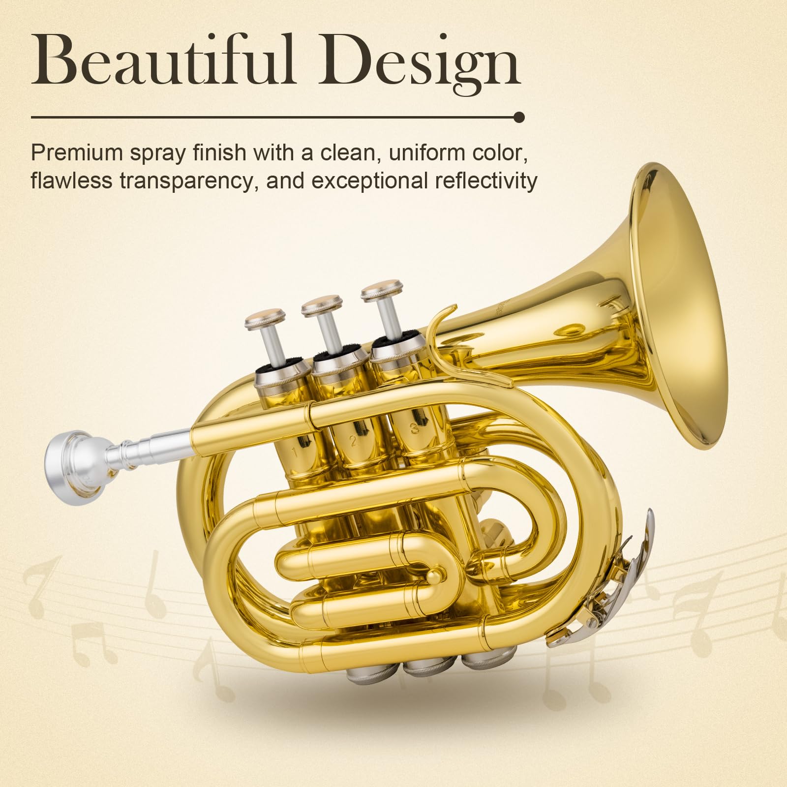 SONICAKE Pocket Trumpet Bb Flat - Gold Lacquer Brass Mini Trumpet Full Kit for Beginners Students with 7C Mouthpiece, Hard Case, Gloves & Cleaning Kit QPT-01 (Golden)