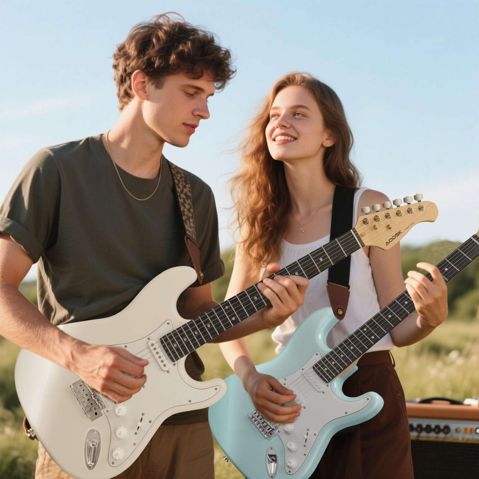 AODSK Electric Guitar with Amp Beginner Kit 39 Inch Solid Body Full Size,All Accessories,Digital Tuner,Six Strings,Four Picks,Tremolo Bar,Strap,Gig Bag,Starter kit (Blue-HSS)