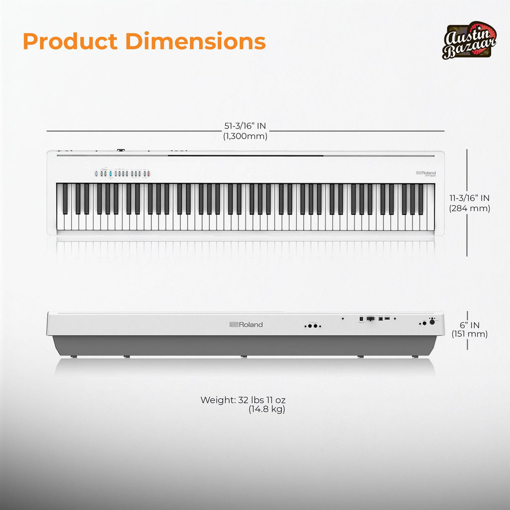Roland FP-30X 88-Key Digital Piano - Black Bundle with Adjustable Stand, Bench, Sustain Pedal, Online Piano Lessons, Instructional DVD, and Austin Bazaar Polishing Cloth