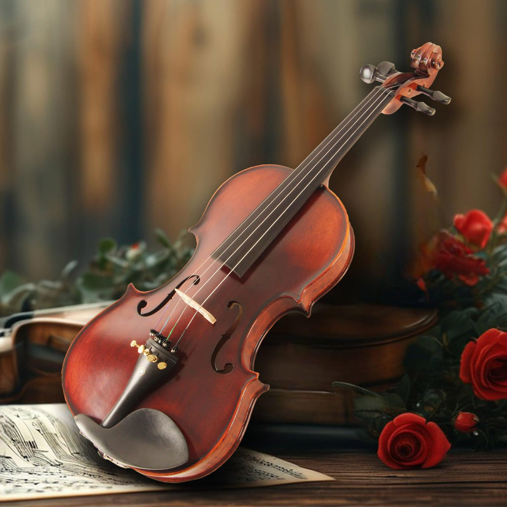 Acoustic Violin 4/4 Full Size, Solid Wood Fiddle for Beginners Adults, Ebony Fitted Satin Antique Finish Violin Starter Kit with Hard Case