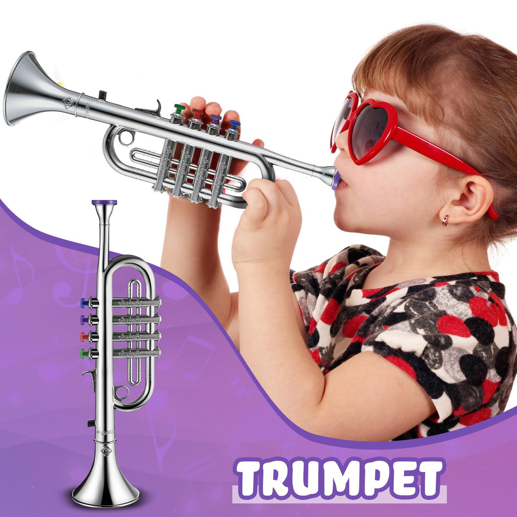 Lewtemi Gold Trumpet Musical Instruments Toy for Kid Toddler Fake Plastic Preschool Music Toy Gift Non-Professional Wind Instrument Early Educational Teaching Songs Gifts for Toddlers Children
