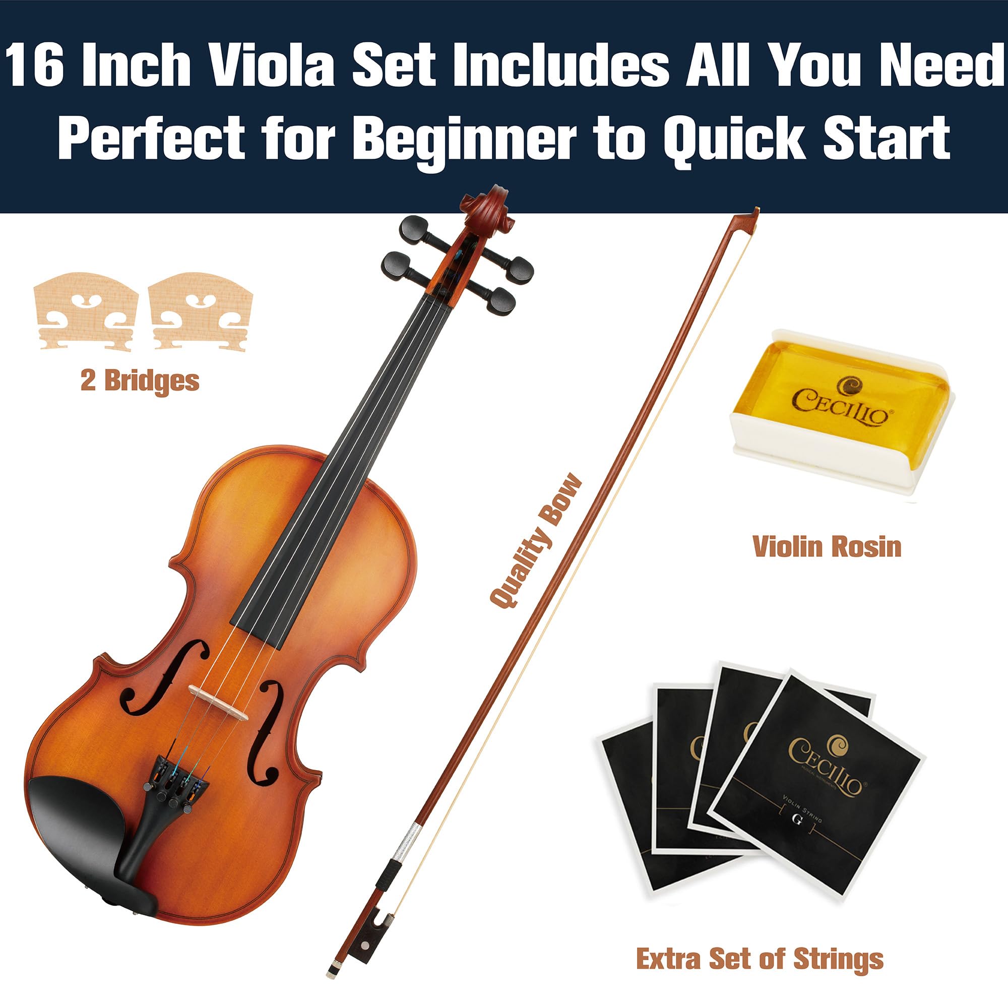 Mendini by Cecilio 14 Inch Solid Wood Viola Set for Beginners - Hand Carved Acoustic Viola Kit with Hard Case, Bow, Rosin, Bridge and Extra Strings