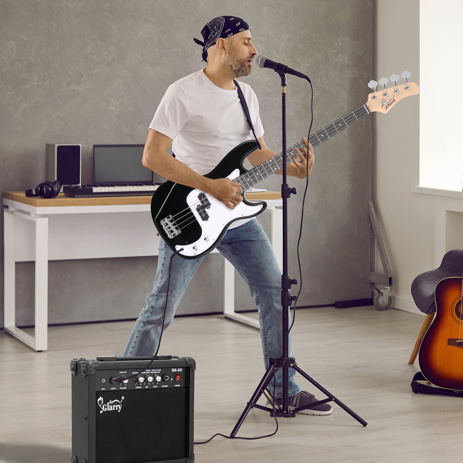 GLARRY Full Size Electric Bass Guitar Beginner Kit 4 String Exquisite Basswood Bass with 20W AMP, Cable, Strap, Bag and Accessories (Black, 39"Right Handed)