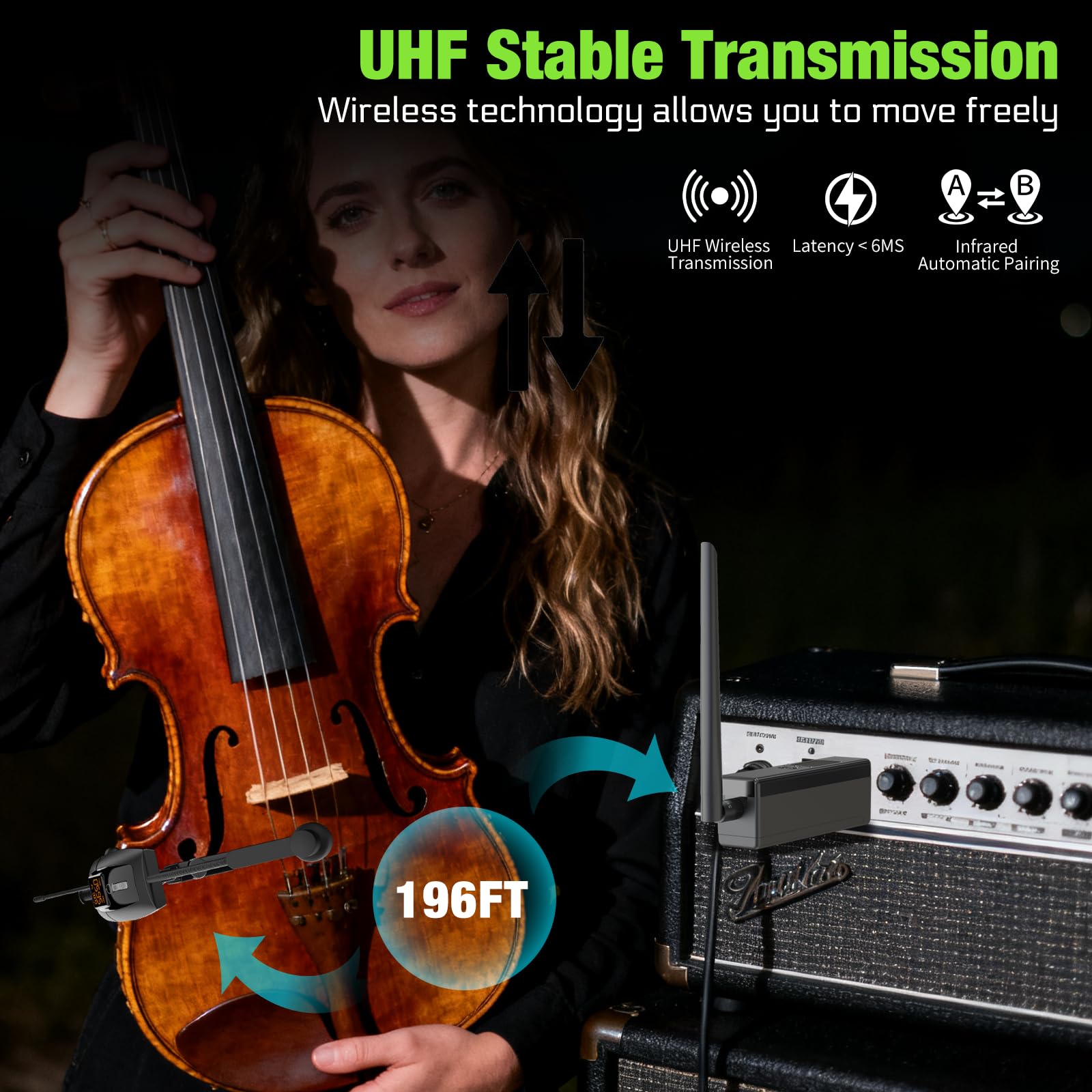 UHF Wireless Violin Cello Microphone System Violin Pickup Clip-on Instrument Microphones with Transmitter and Receiver for Musicians, Teachers, Stage Performances, Active PA Systems, 196ft Range