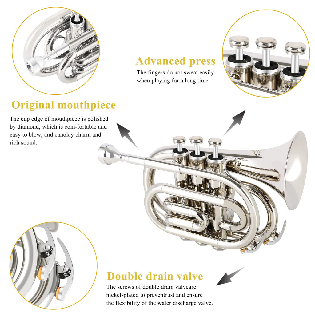 EastRock Pocket Trumpet Brass Bb Nickel Plated Trumpet with 7 C Mouthpiece, Hard Case, Strap, White Gloves, Cleaning Kit for Students and Beginners