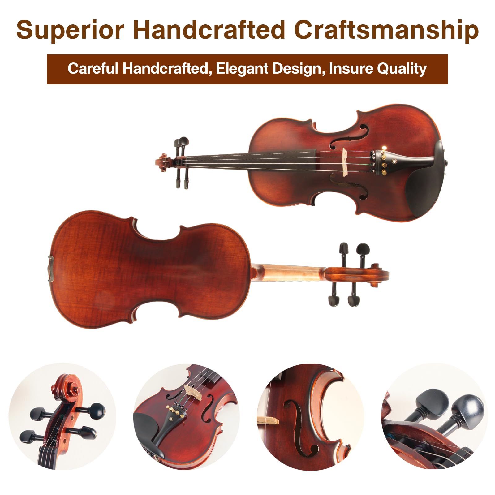 Acoustic Violin 4/4 Full Size, Solid Wood Fiddle for Beginners Adults, Ebony Fitted Satin Antique Finish Violin Starter Kit with Hard Case