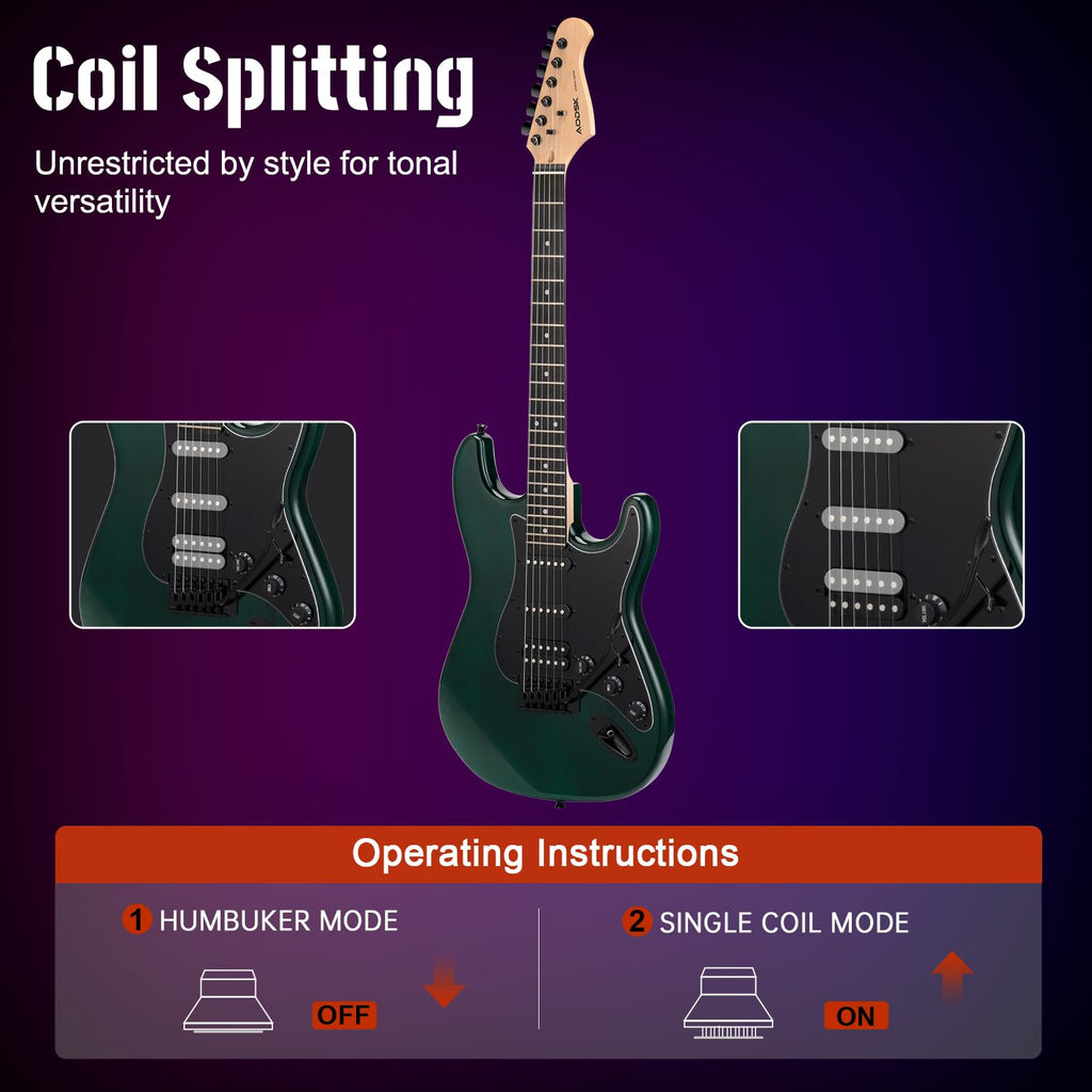 AODSK Electric Guitar with Amp Beginner Kit 39 Inch Solid Body Full Size,All Accessories,Digital Tuner,Six Strings,Four Picks,Tremolo Bar,Strap,Gig Bag,Starter kit (Blue-HSS)