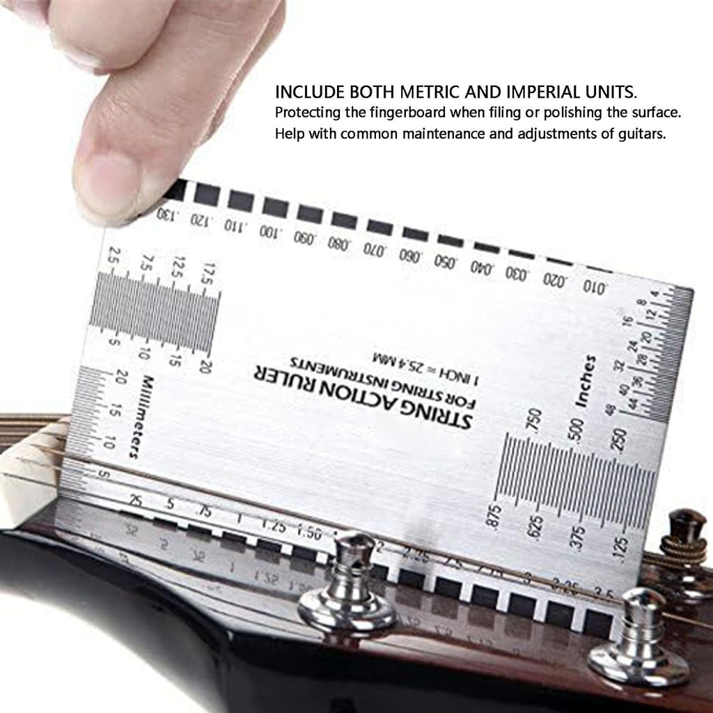 LiebeWH 17 Pcs Guitar Setup Kit Stainless Steel Luthier Tools with Pouch | Bass Guitar Maintenance, Neck Relief Gauge, String Action Ruler, Feeler Gauge, Fingerboard Guards, T Gauges, Polishing Stone