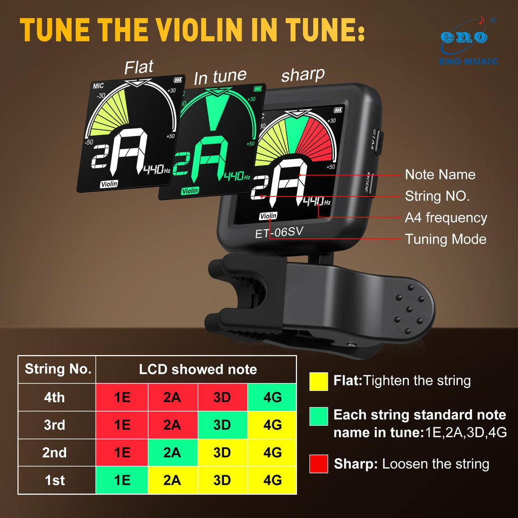 ENO MUSIC Rechargeable Type-C Quick Charge Easy Control Big LCD Display Easy Reading Clip-on Tuner for 4/4 Violin Viola Bass, Red
