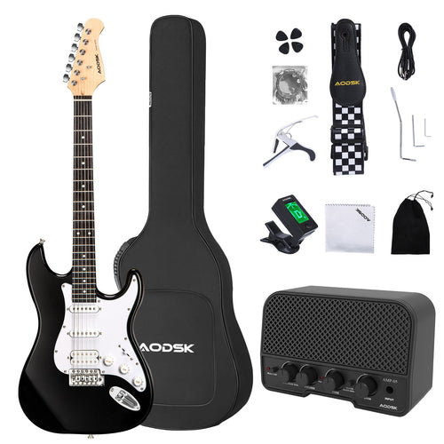 AODSK Electric Guitar with Amp Beginner Kit 39 Inch Solid Body Full Size,All Accessories,Digital Tuner,Six Strings,Four Picks,Tremolo Bar,Strap,Gig Bag,Starter kit (Blue-HSS)