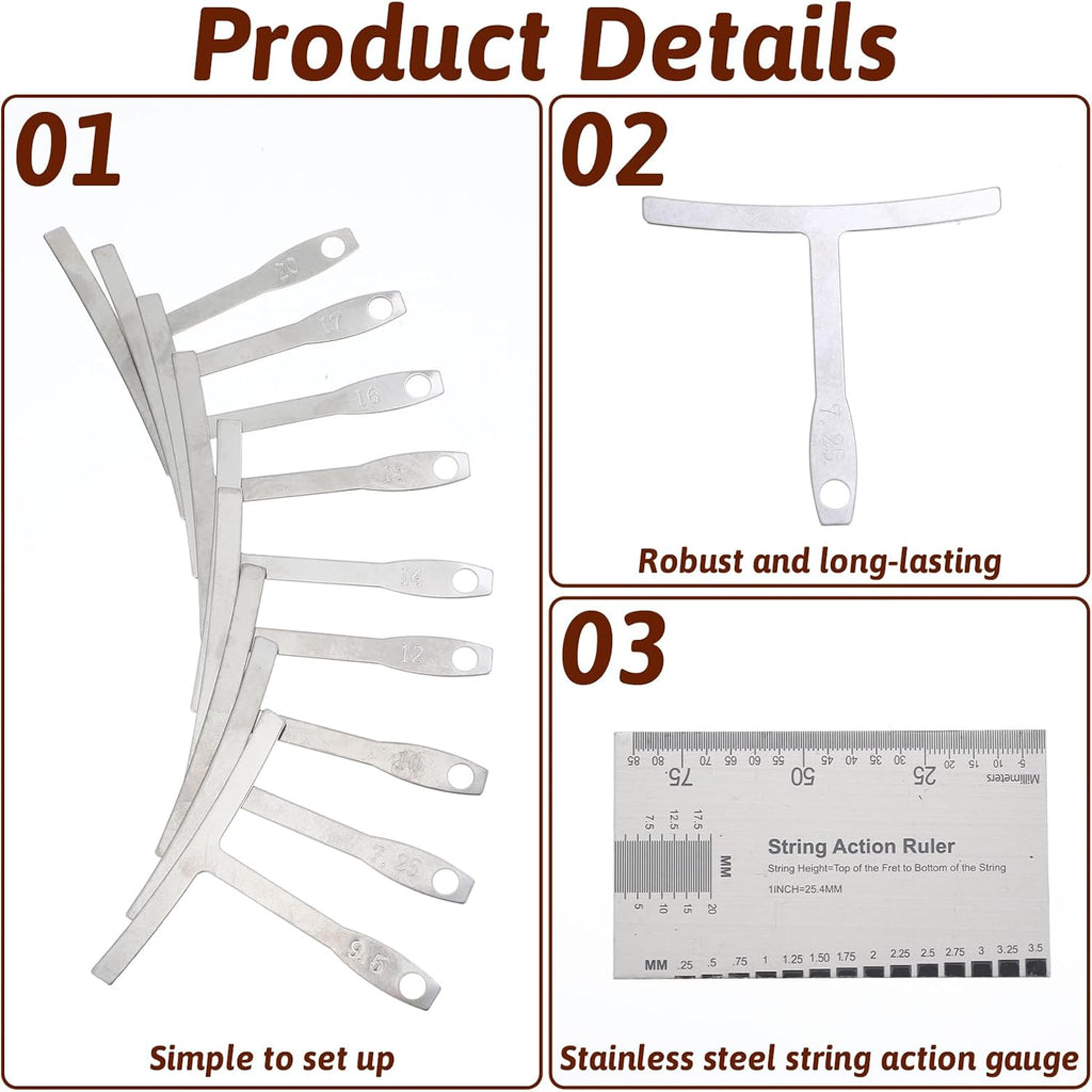 cobee 10 pcs Guitar Luthier Tools,9 Modelle Understring | Guitar Radius Gauge and 1 String Action Gauge Ruler Measuring Tool for Maintenance Bass Setup