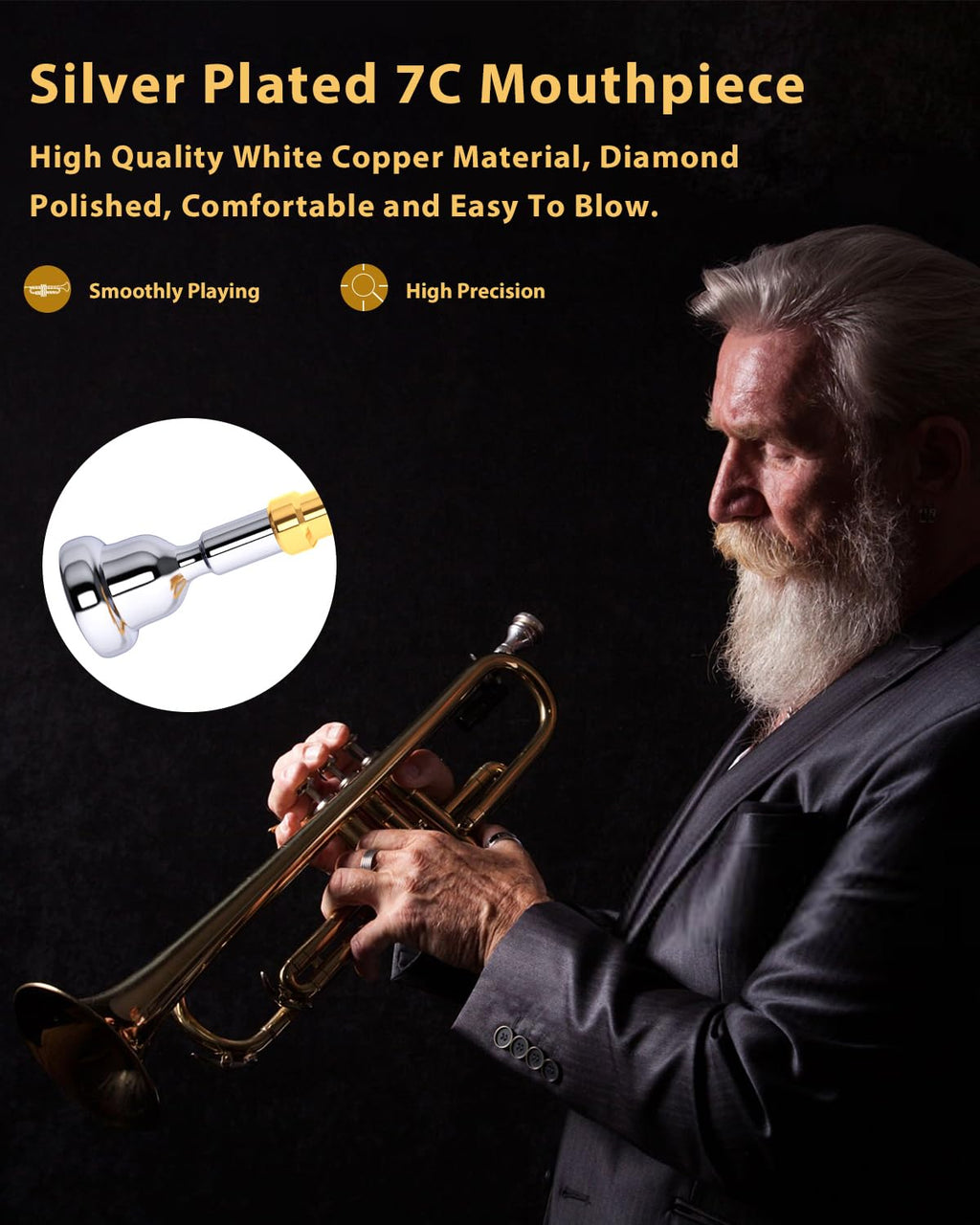 Eavnbaek Bb Standard Trumpet Set for Beginner or Advanced Student, Brass Student Trumpet Instrument with Hard Case, Cleaning Kit, 7C Mouthpiece and Gloves (Gold)