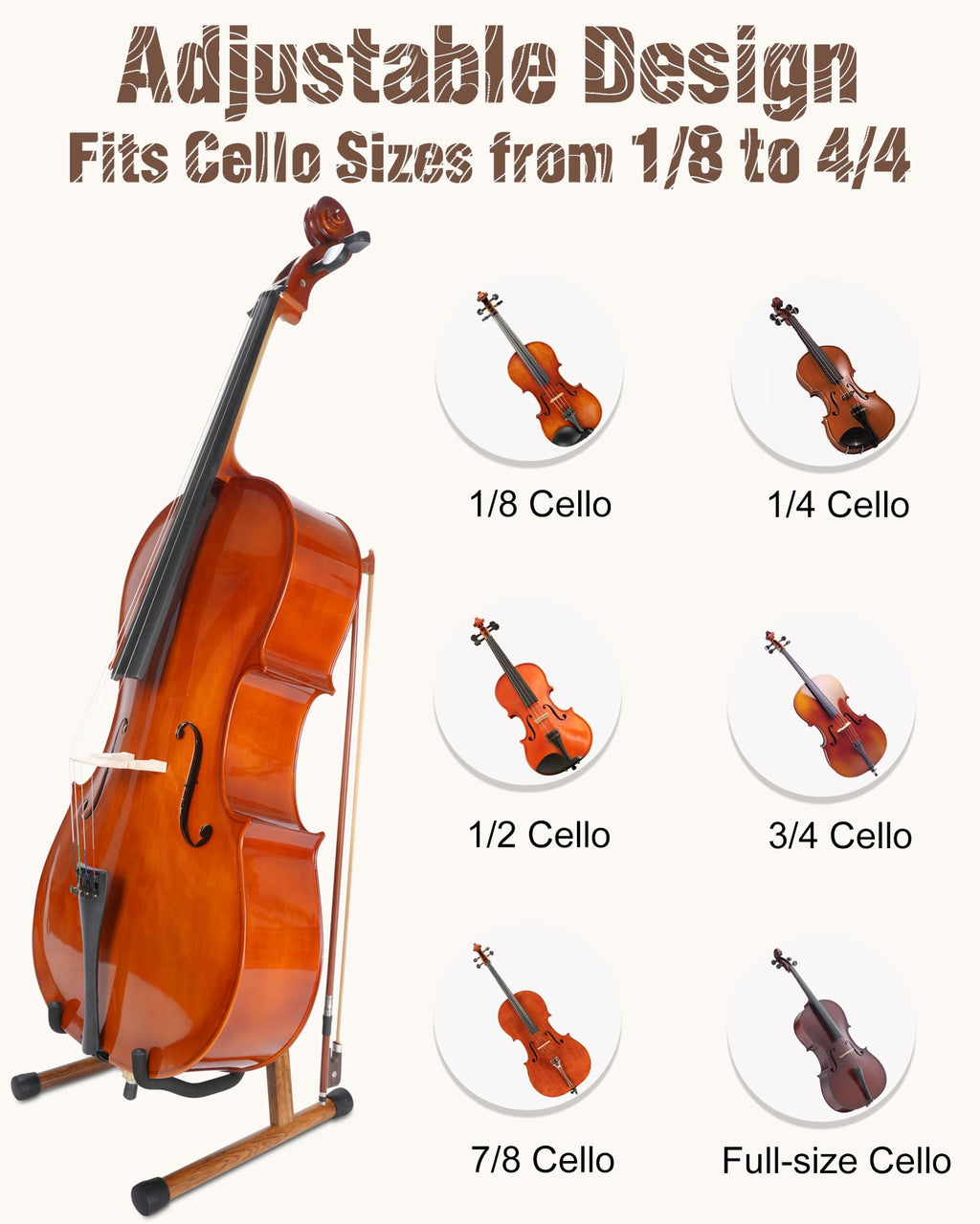 Cello Stand with Bow Holder, Mahogany Wooden A-Shape Floor Stand with Padded Foam, Handcrafted Cello Rack Fits 1/2, 3/4, 7/8, 4/4 Full-Size and Guitar, Instrument Holder for Home and Studio Display