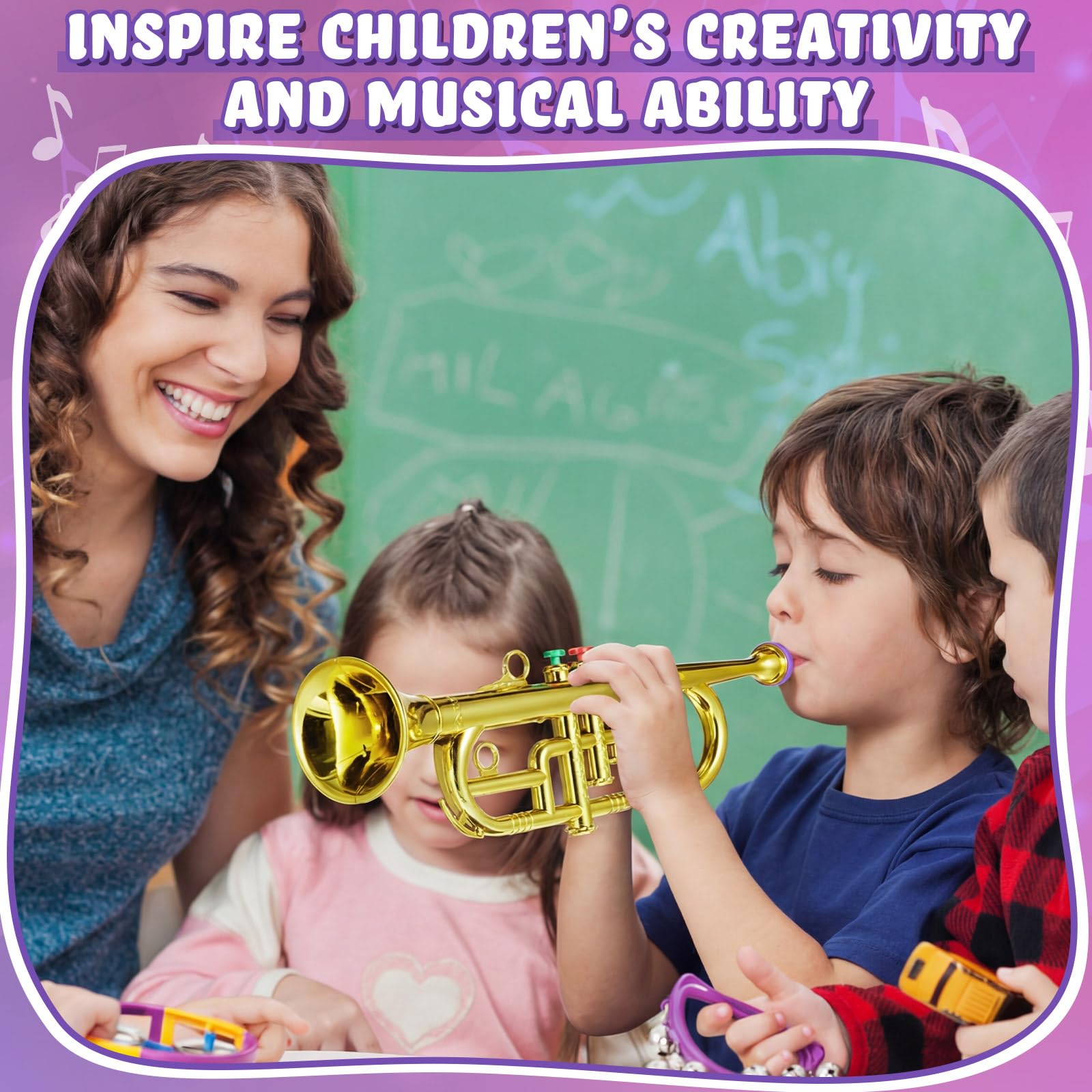 Lewtemi Gold Trumpet Musical Instruments Toy for Kid Toddler Fake Plastic Preschool Music Toy Gift Non-Professional Wind Instrument Early Educational Teaching Songs Gifts for Toddlers Children