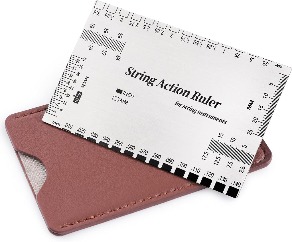 String Action Gauge Ruler, Professional Guitar Setup Tool with Dual mm & 1/64" Scales - for Electric, Acoustic, Bass Guitars - Includes Measurement Chart & Protective Sleeve - Print Silver Edition