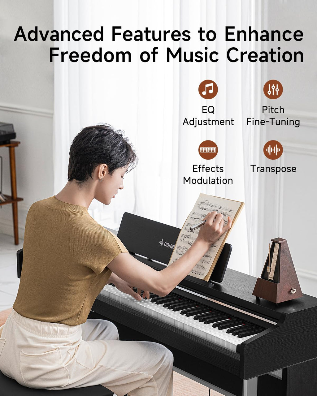 Donner DDP-200 Pro Digital Piano with 88 Key Graded Weighted Keyboard, Wireless Piano with 2.4" IPS Screen Record, 256 Polyphony, Full Size Piano Keyboard Gifts for Beginner Advanced, Wood Graina