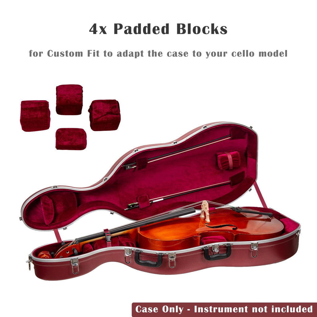 Crossrock ABS Cello Case for 4/4 & 3/4 Size | Wine Red Velvet Interior, Molded Hardshell with Wheels, Lock, Dual Bow Holders & Backpack Straps-Dark Red (CRA862CEFDR)