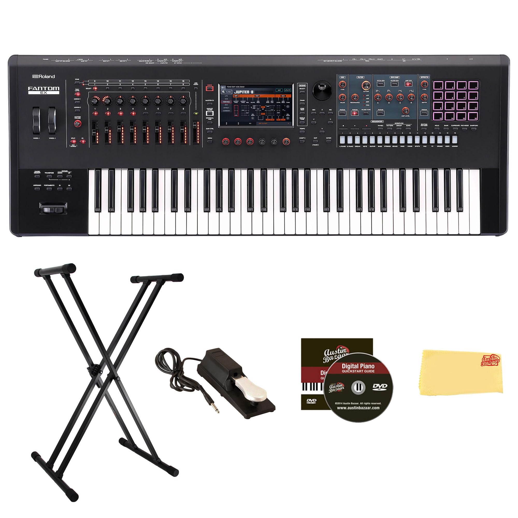 Roland Fantom 8 EX 88-Key Workstation Keyboard Synthesizer Bundle with Adjustable Stand, Sustain Pedal, Online Piano Lessons, Instructional DVD, and Austin Bazaar Polishing Cloth