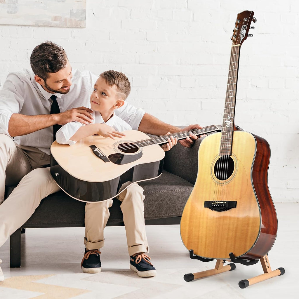 Wood Guitar Stand, A-Frame Folding Wooden Acoustic Electric Floor Guitar Stands with Padding, Stable Musical Instrument Foldable Support Holder, Universal for Ukulele, Bass, Cello, Violin, Banjo, Mandolin