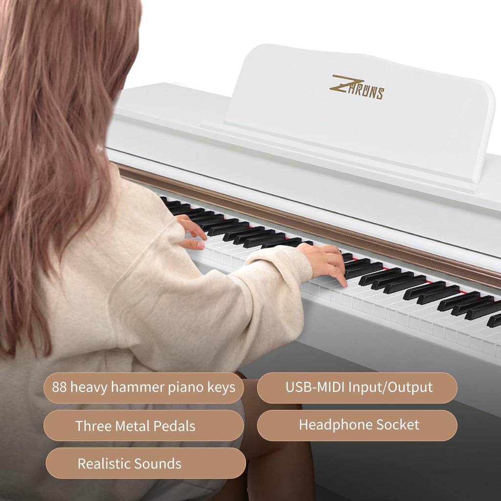 Digital Piano, 88 Key Weighted Keyboard Piano, Full-size Electric Piano Keyboard with Sheet Music Stand, Triple Pedal, Power Adapter, Supports USB-MIDI Connecting (White)
