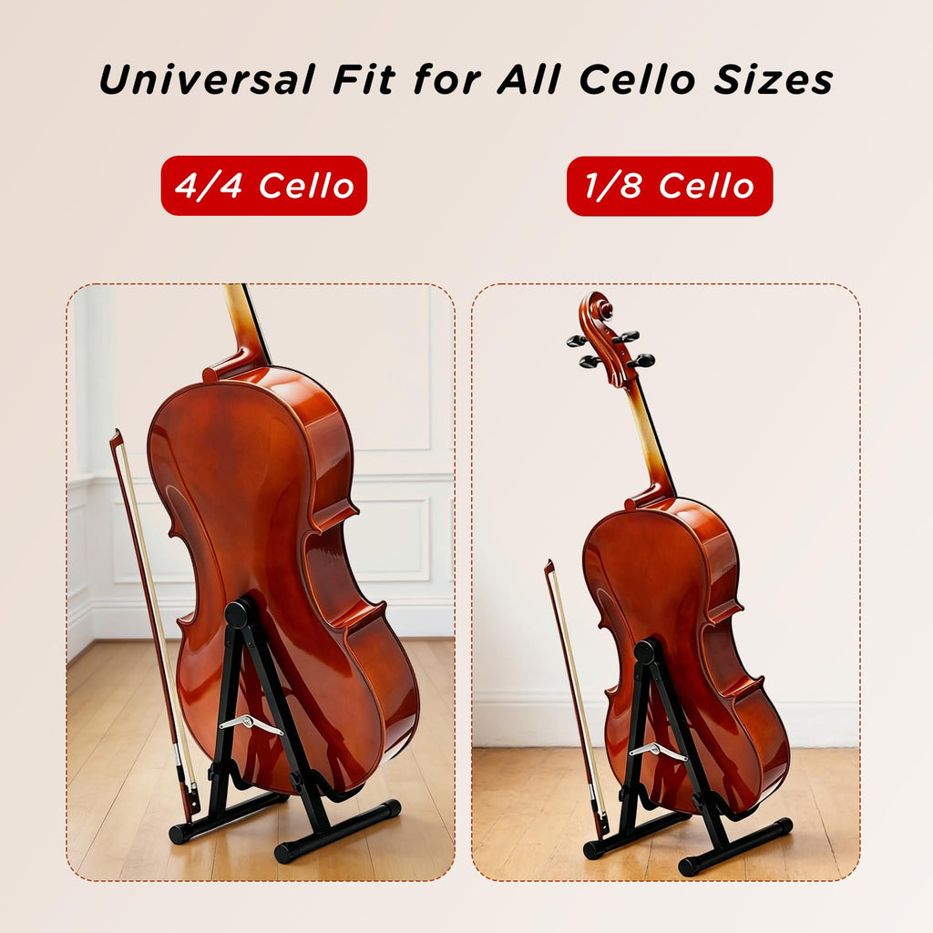 Cello Stand with Bow Holder, Wooden Stand for 1/2, 3/4, 7/8, 4/4 Full-Size, A-Frame Floor Cello Stand with Padded Foam and Non Slip Pad, Cello Display Stand (Black Walnut)