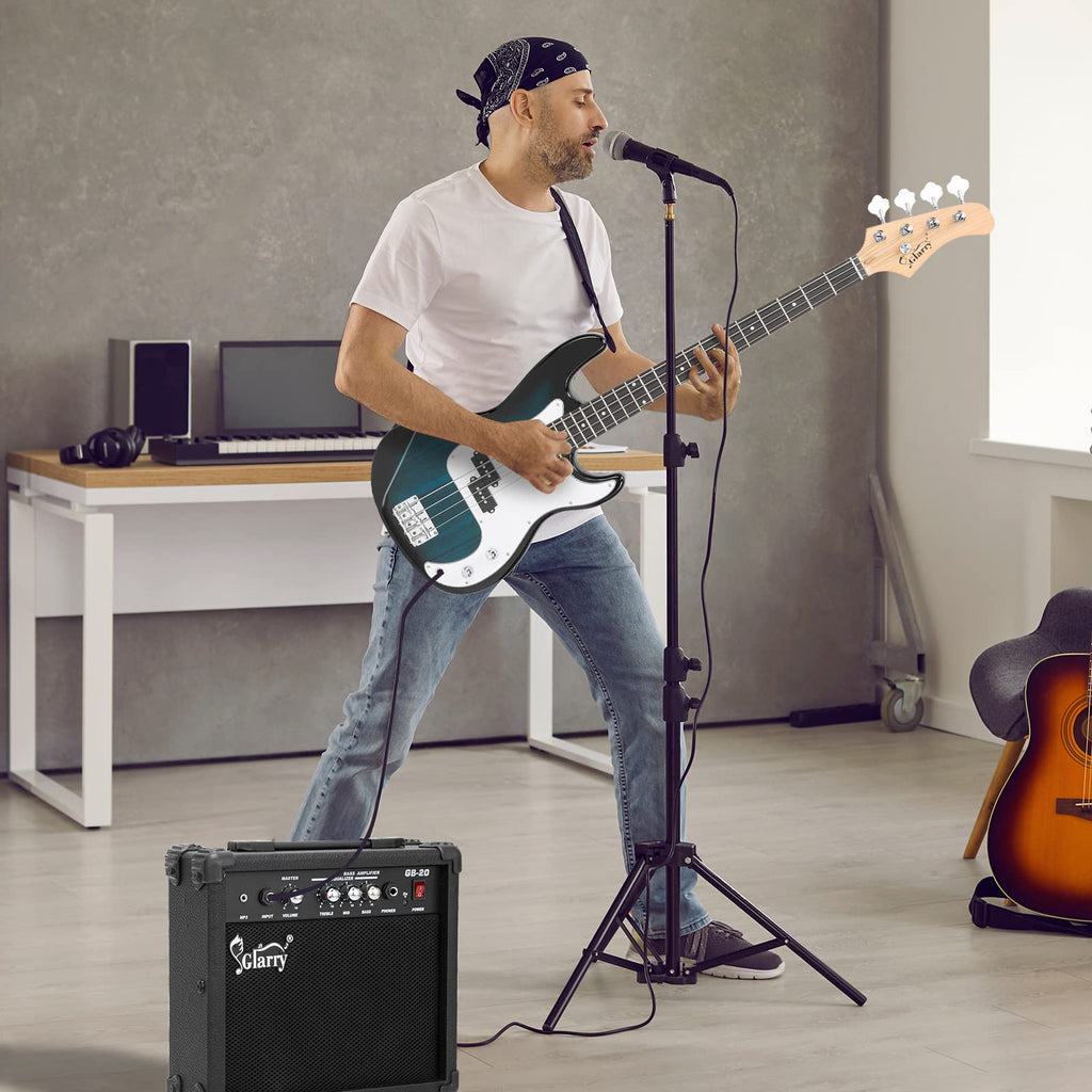 GLARRY Full Size Electric Bass Guitar Beginner Kit 4 String Exquisite Basswood Bass with 20W AMP, Cable, Strap, Bag and Accessories (Black, 39"Right Handed)