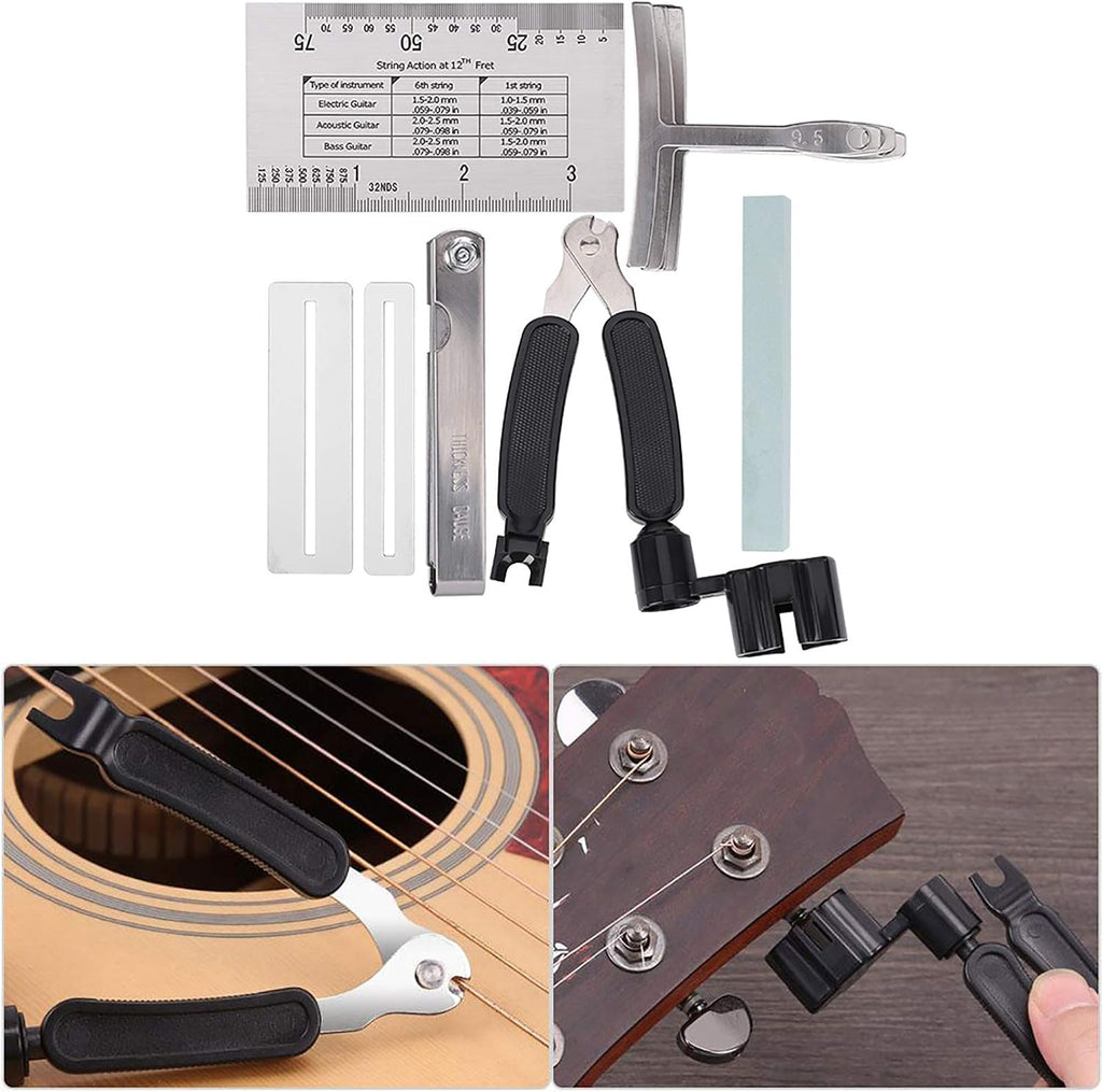 Guitar Tool Set with Sander, Radius Gauge, String Action Ruler, Professional Guitar Repair Kit for Electric Guitar, Bass, Banjo, Mandolin, Includes Fingerboard Guards and Polishing