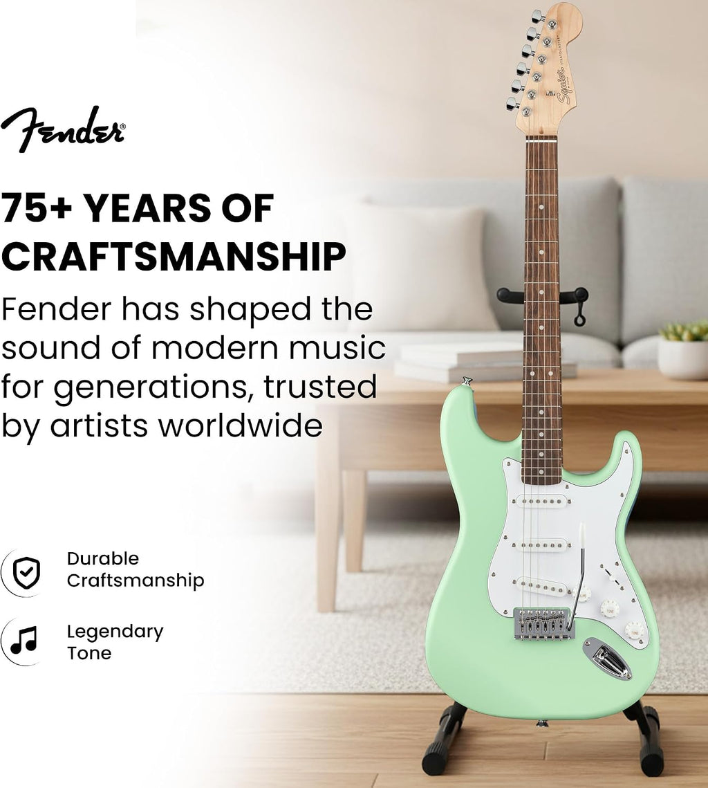 Fender Squier Stratocaster Electric Guitar - Surf Green Bundle with Fender Frontman 10G Amplifier, Gig Bag, Cable, Strap, Picks, and Austin Bazaar Instructional Video