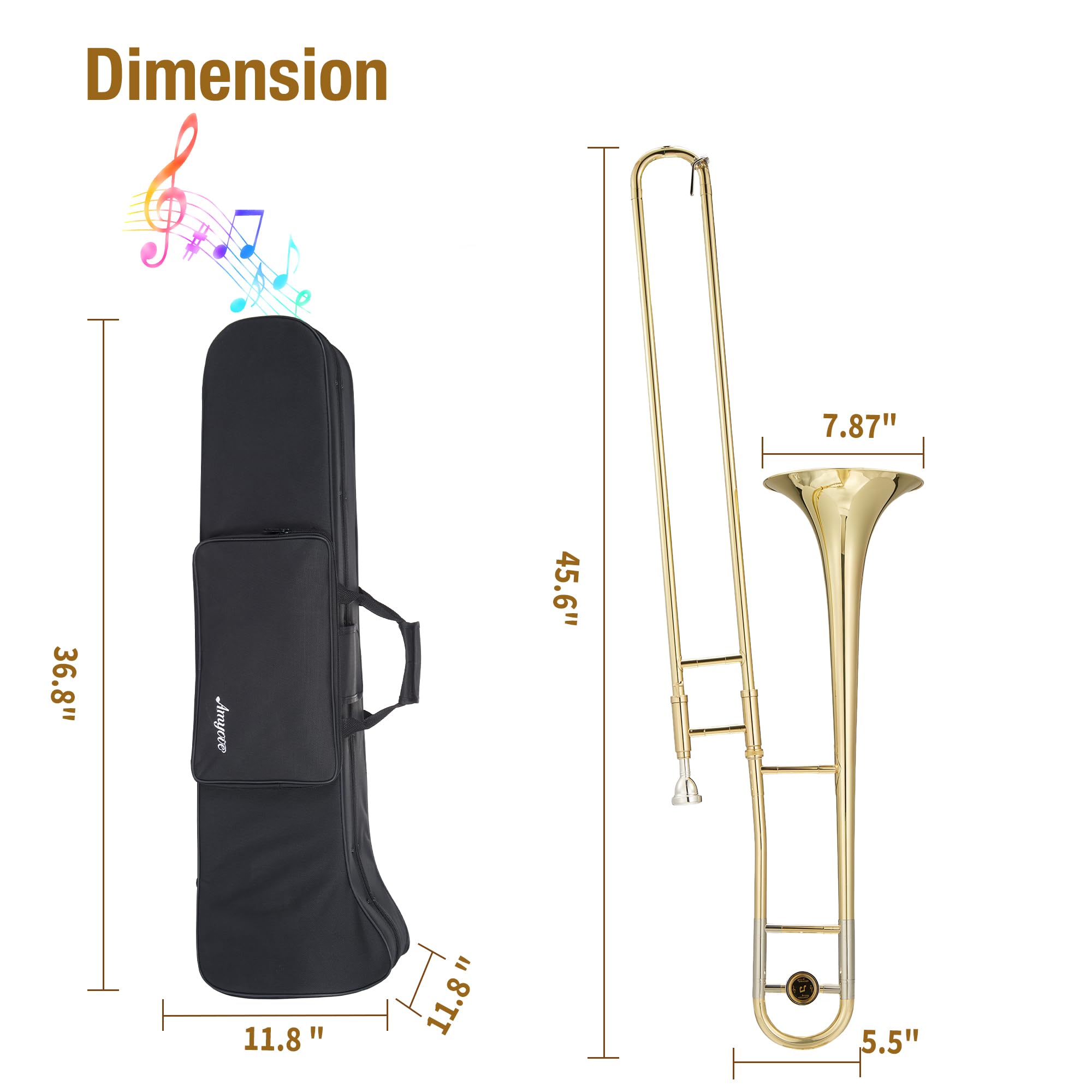 B Flat Alto Trombone, Brass Trombone with Gold Laquer, Includes Mouthpiece, Case, Cleaning Cloth, Gloves