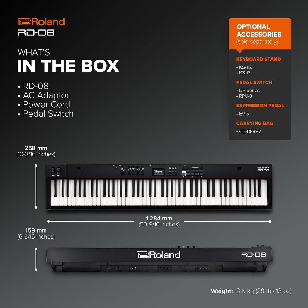 Roland RD-08 Stage Piano | Authentic RD Sound & Playability | Streamlined Design | 88-Note Weighted-Action PHA-4 Keyboard | Expandable Features | 3000+ Onboard Sounds | Ideal for Professional Gigging