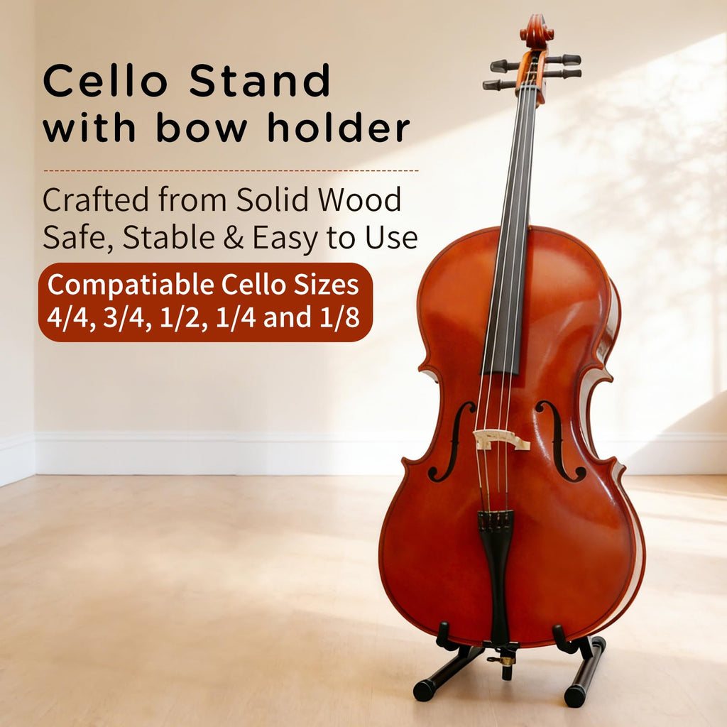 Cello Stand with Bow Holder, Wooden Stand for 1/2, 3/4, 7/8, 4/4 Full-Size, A-Frame Floor Cello Stand with Padded Foam and Non Slip Pad, Cello Display Stand (Black Walnut)