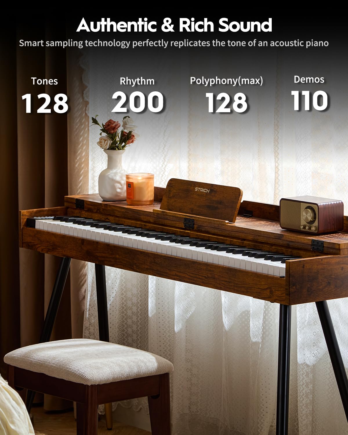 STRICH 88 Key Digital Piano, Hammer-Action Weighted Keyboard, Full Size Desk Cover Electric Piano Keyboard with Stand, 25Wx2 Speakers, Headphones, Three Pedal, SDP-350S(Color Mahogany)