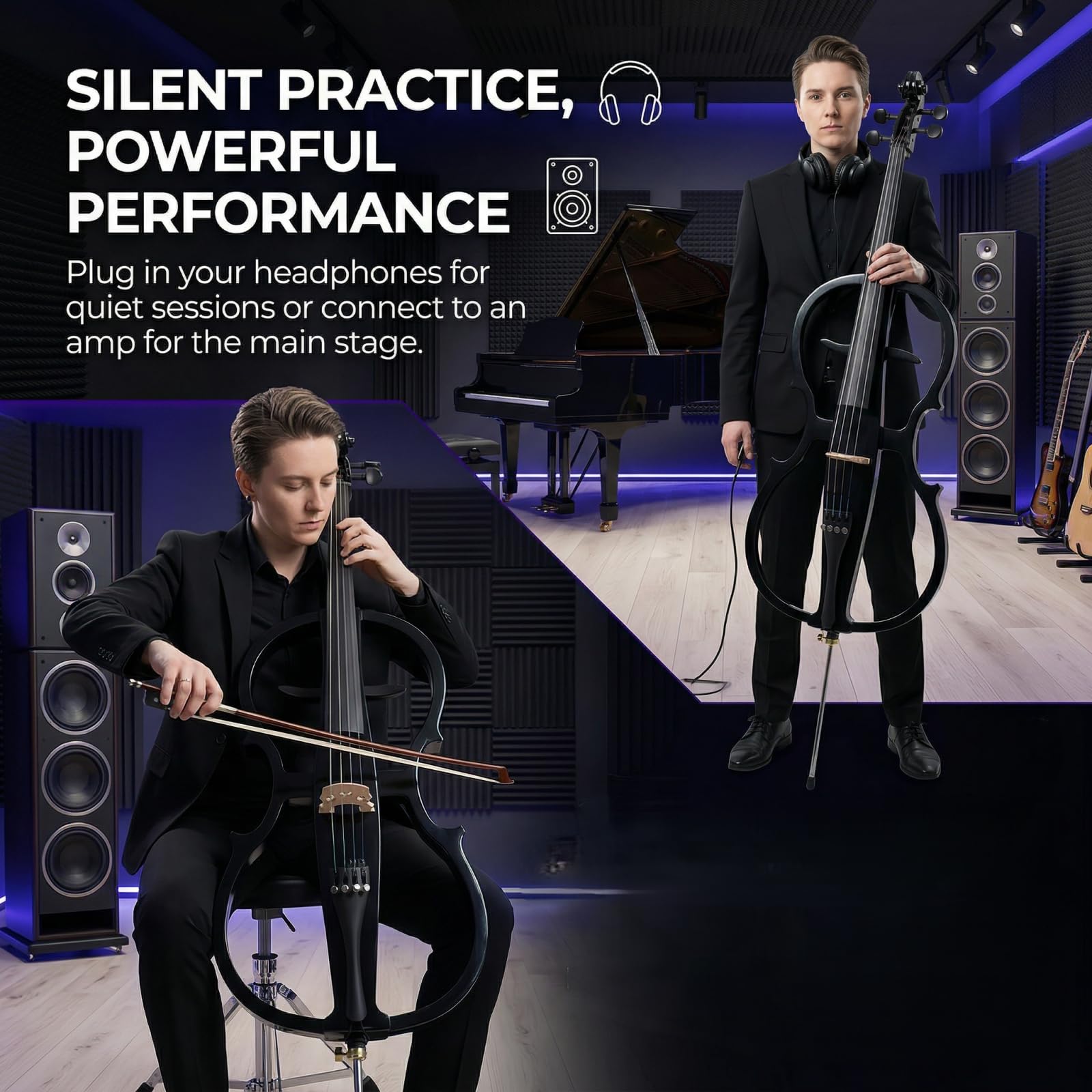 Electric Cello 4/4 Full Size Ebony Fittings with Lightweight Cello Bag, Headphones, Bow, Bridge, Rosin, Cello for Beginners Adults(Metallic Black) (Metallic Red Peach Heart -Cellos)