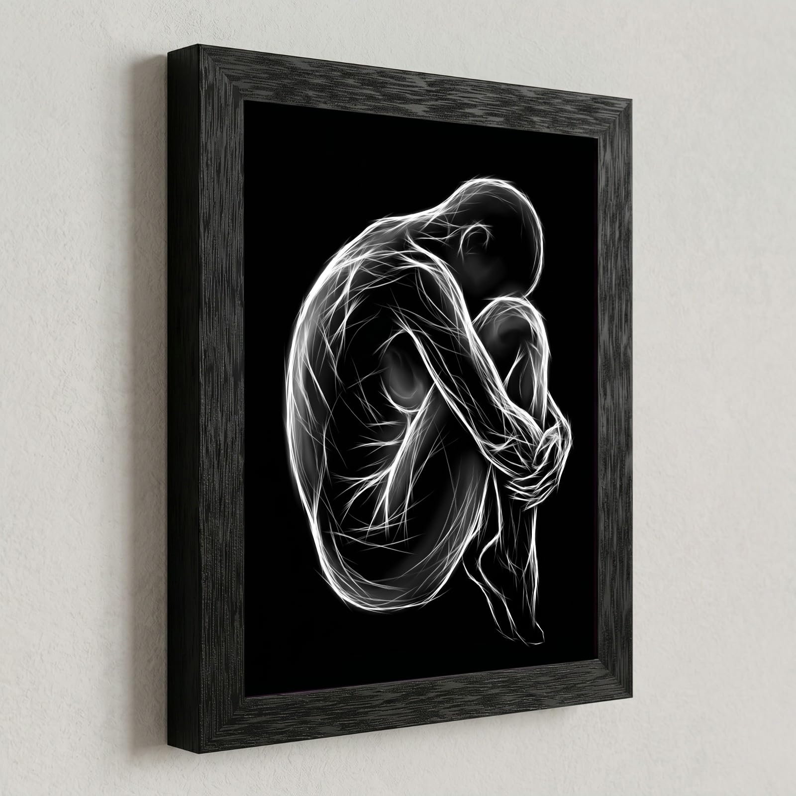 Framed Canvas Wall Art Minimalist Abstract Cello Musical Instrument Electric White Glowing Lines on Black Canvas Print Poster Black Frame Wall Decor for Music Room Studio Modern Art, Inch 24x36