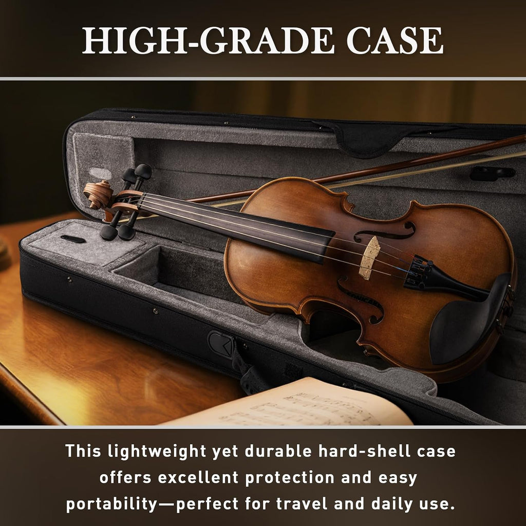 SONICAKE Violin 4/4 Full Size Set, Fiddle Solidwood for Beginners Adults, Acoustic Violin with Hard Case, Shoulder Rest, Rosin, Bow, Clip-on Tuner and Extra Strings, QVL-01