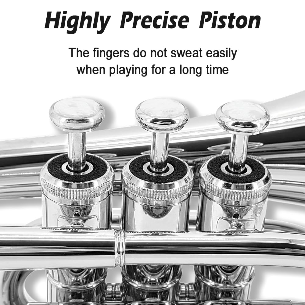 Yinfente Bb Flat Pocket Trumpet Bass Trumpet For Beginner,Student With Cleaning cloth, Silver plated 7C mouthpiece,hard case White gloves (Gold)